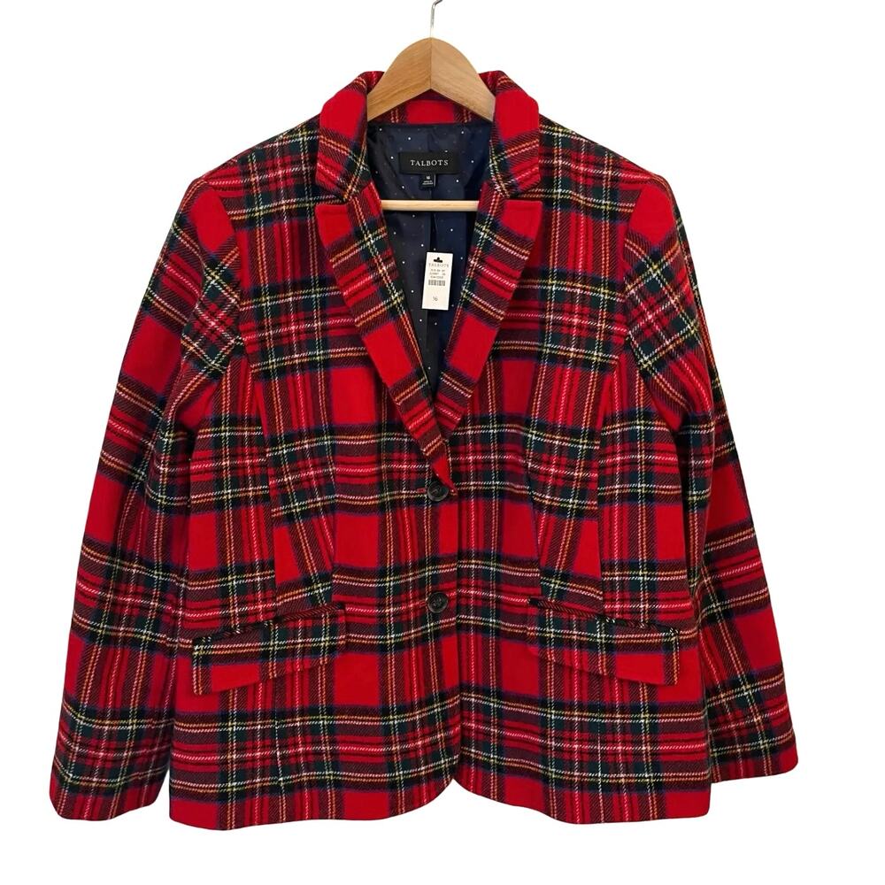 NWT Talbots Red Tartan Plaid Blazer 16 Christmas Holiday Wool Blend Work Classic